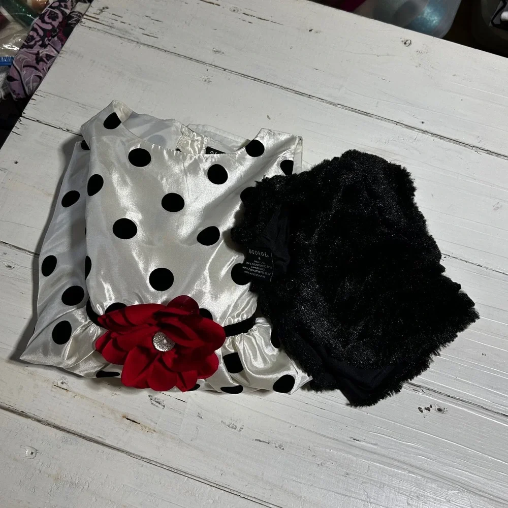 George Polka‎ Dot Dress with Fur Shrug Red Flower Detail Kids Size 4